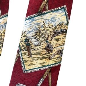 VTG Stuart Hughes Mens Silk Burgundy Golf Scene Necktie Handmade